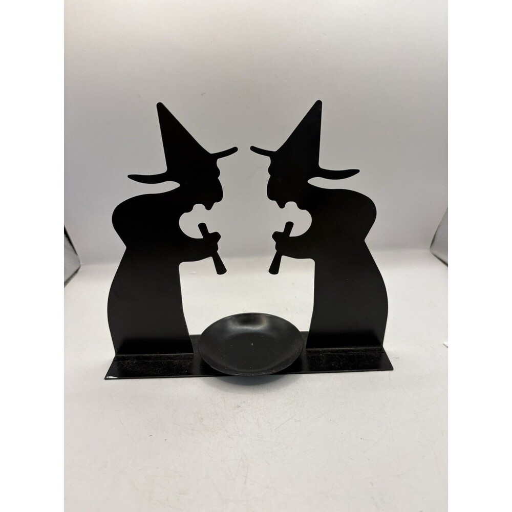 Vintage Halloween Witch Silhouette Candleholder Black Metal 7.5 x 6.5”